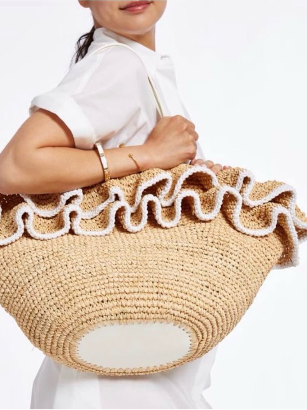 Ruffle-Trim Straw Tote in Natural with White Accent